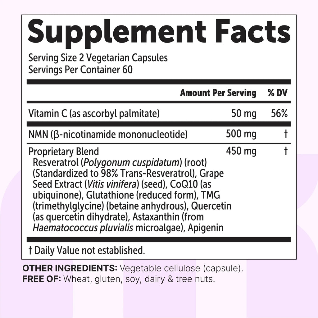 Supplement Facts panel for NMN Complex: serving size 2 vegetarian capsules, 60 servings per container, 50 mg vitamin C, 500 mg NMN and a 450 mg proprietary blend with resveratrol, grape seed extract, CoQ10, glutathione, TMG, quercetin, astaxanthin and apigenin