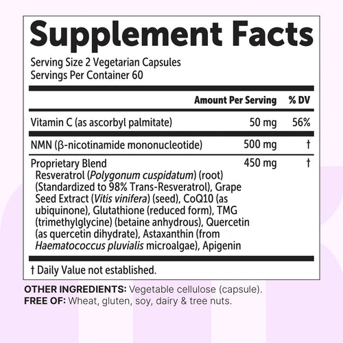Supplement Facts panel for NMN Complex: serving size 2 vegetarian capsules, 60 servings per container, 50 mg vitamin C, 500 mg NMN and a 450 mg proprietary blend with resveratrol, grape seed extract, CoQ10, glutathione, TMG, quercetin, astaxanthin and apigenin