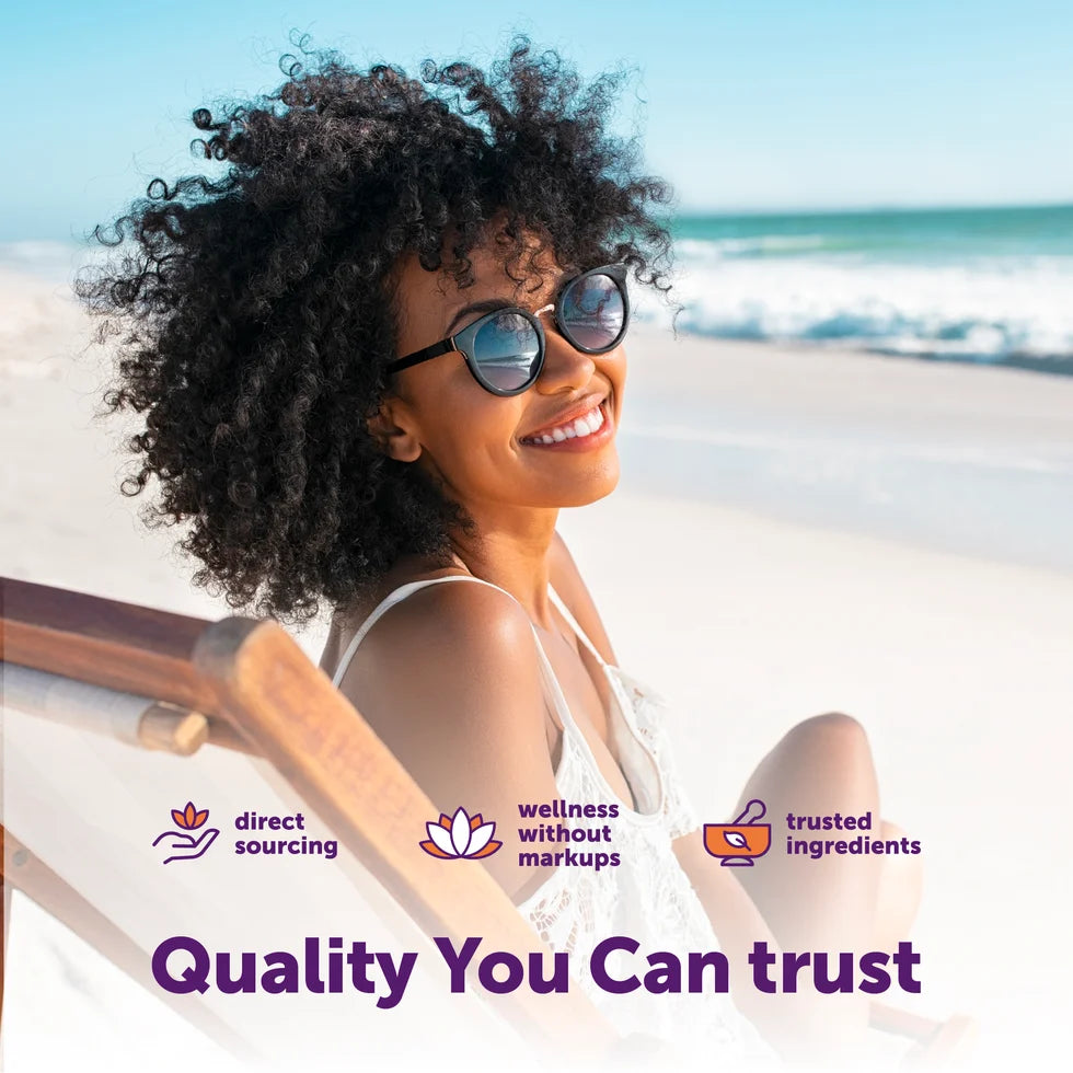 Smiling woman relaxing on a beach, with icons for direct sourcing, wellness without markups and trusted ingredients