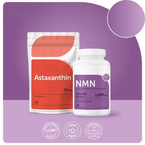 Astaxanthin pouch, 12 mg, 120 softgels, beside an NMN bottle, 1,000 mg per serving, 120 vegetarian capsules, with cGMP facility, GMO free and third-party lab tested badges