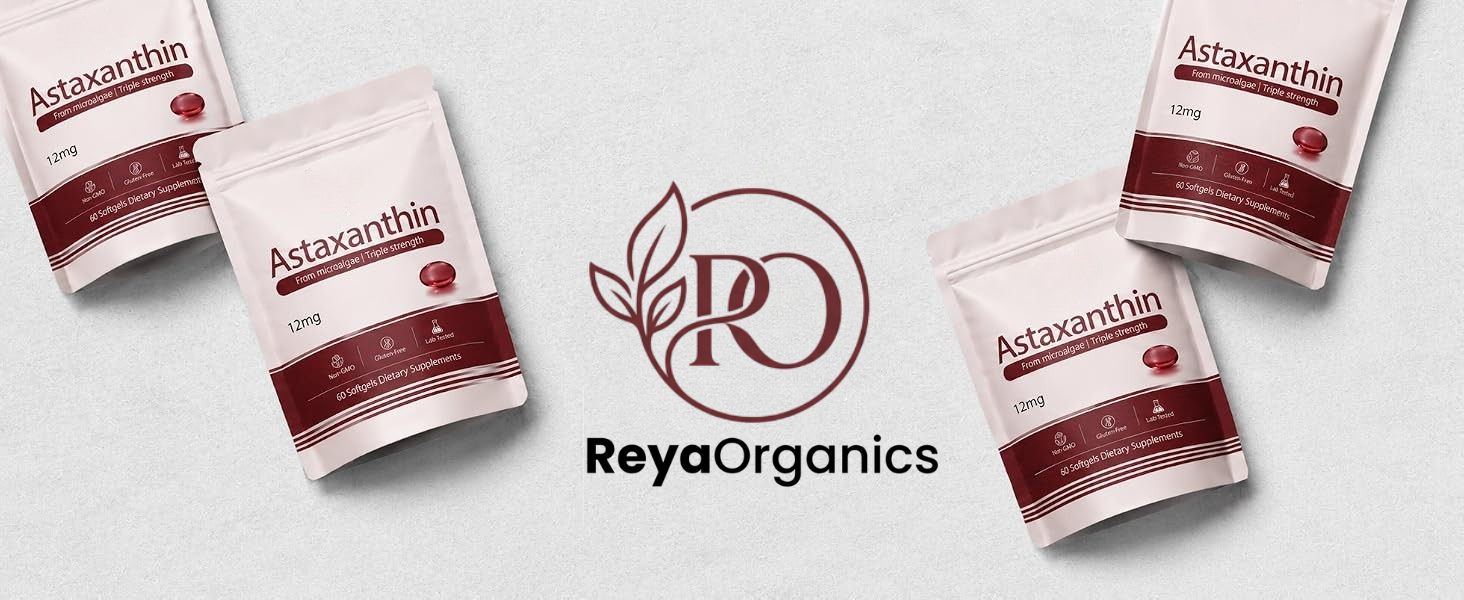 Reya Organics Astaxanthin pouches with the Reya Organics logo