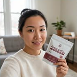 Customer holding a pouch of Reya Organics Astaxanthin in a living room