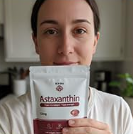 Customer holding a pouch of Reya Organics Astaxanthin in a kitchen
